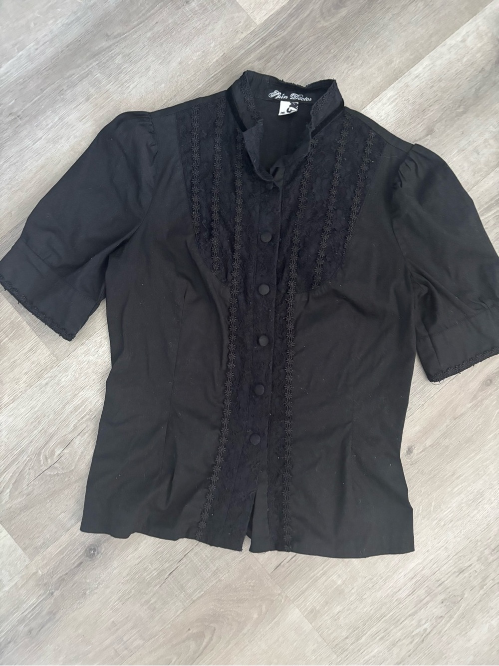 Spin doctor gothic lolita button up Black Lace-Trim Short Sleeve Blouse